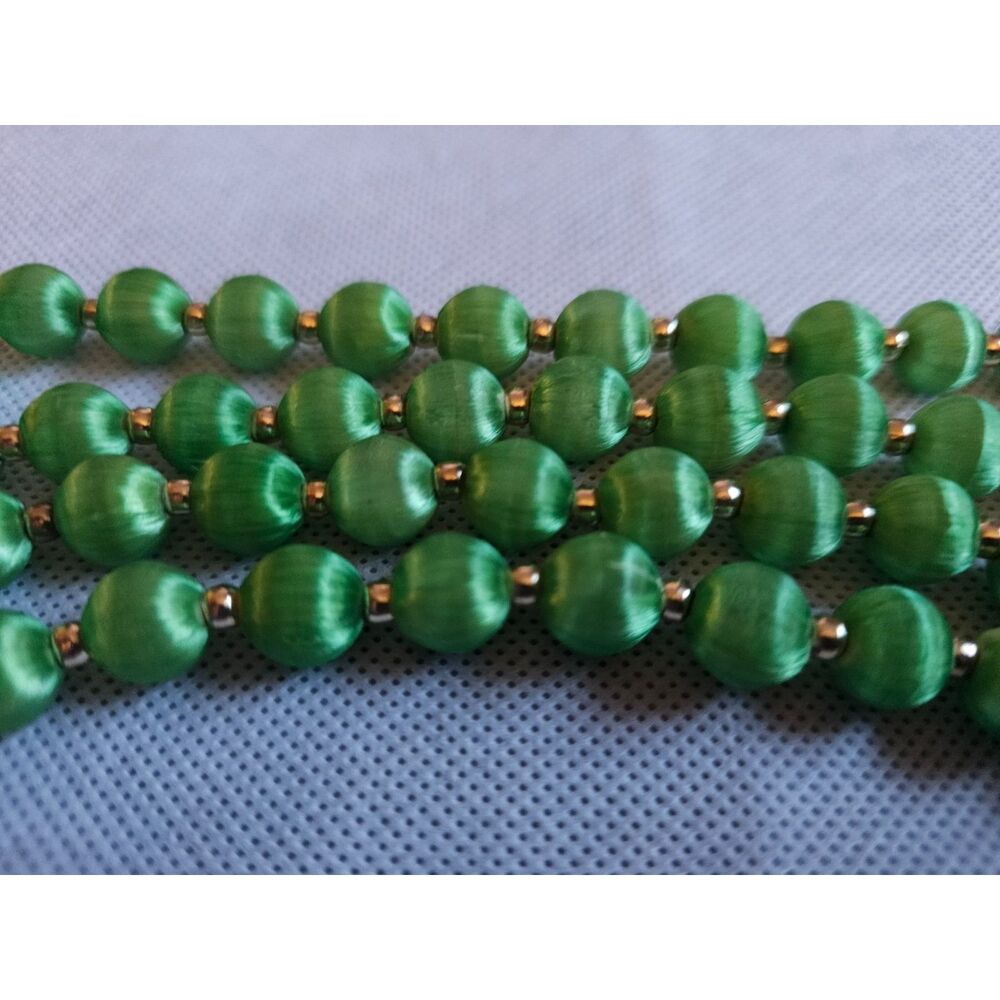 Vintage Green Satin Bead Necklace Long Strand Gold Spacer